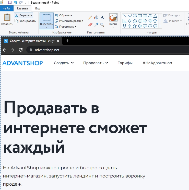 Снимок окна редактора Paint со снимком браузера.