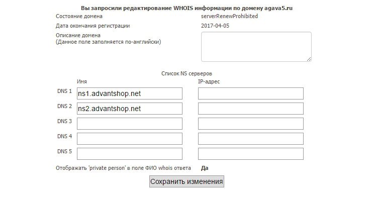 Далее указываем новые NS записи, в полях DNS 1 и DNS 2 каждую в отдельной строке, точку в конце ставить не нужно. Поля "IP-адрес", необходимо оставить пустыми.